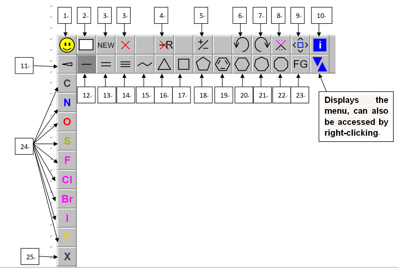 JSME toolbar and numbered annotations